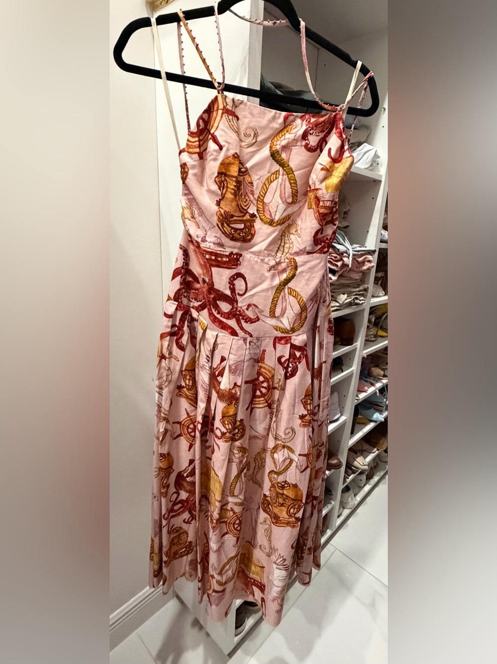 FARM Rio Pink Midi Dress with Gold & Red Nautical Print